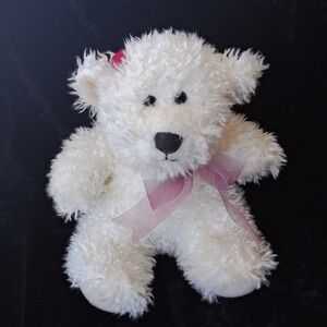 Commonwealth White Teddy Bear Plush Shaggy Curly Fur Pink Ribbon Bow Rose 9"
